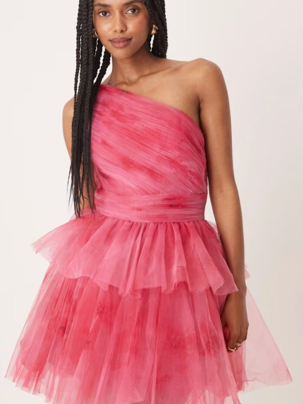 NWT Lace & Beads One Shoulder Tiered Mini Dress in Pink Ombre